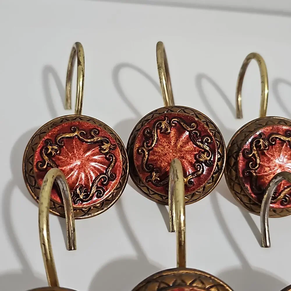 Set of 12 Shower Curtain Hooks Red Gold Ornate Bathroom Decor Whimsy